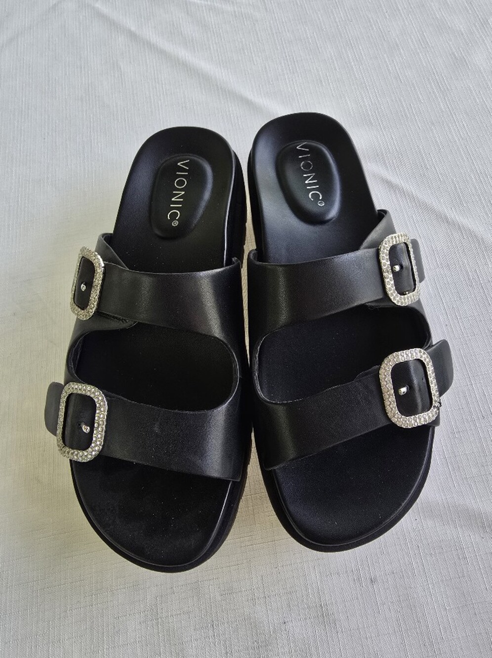 Vionic Capitola Black Slide Sandals with Crystal Buckles 7